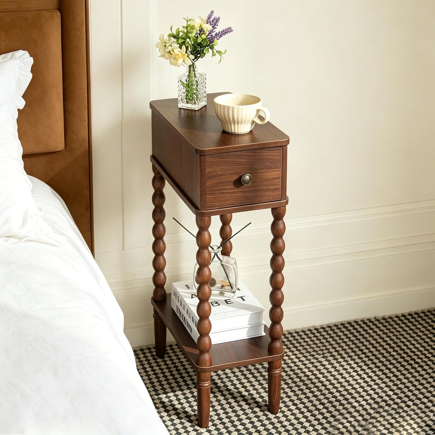 ✨ Slim Narrow Nightstand | Modern Bedside Table with Drawer & Storage Shelf for Small Spaces 🏡