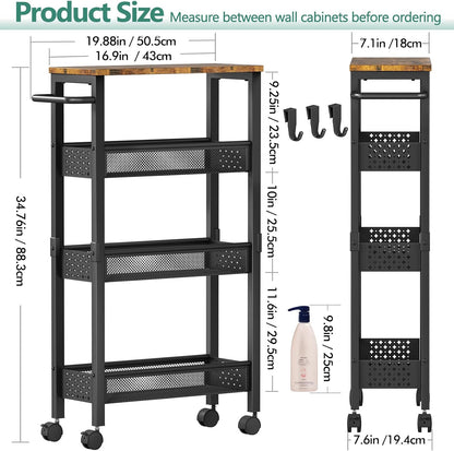 ✨ Slim Rolling Storage Cart | 4-Tier Narrow Organizer with Wood Top for Kitchen, Bathroom & Laundry Room 🏡