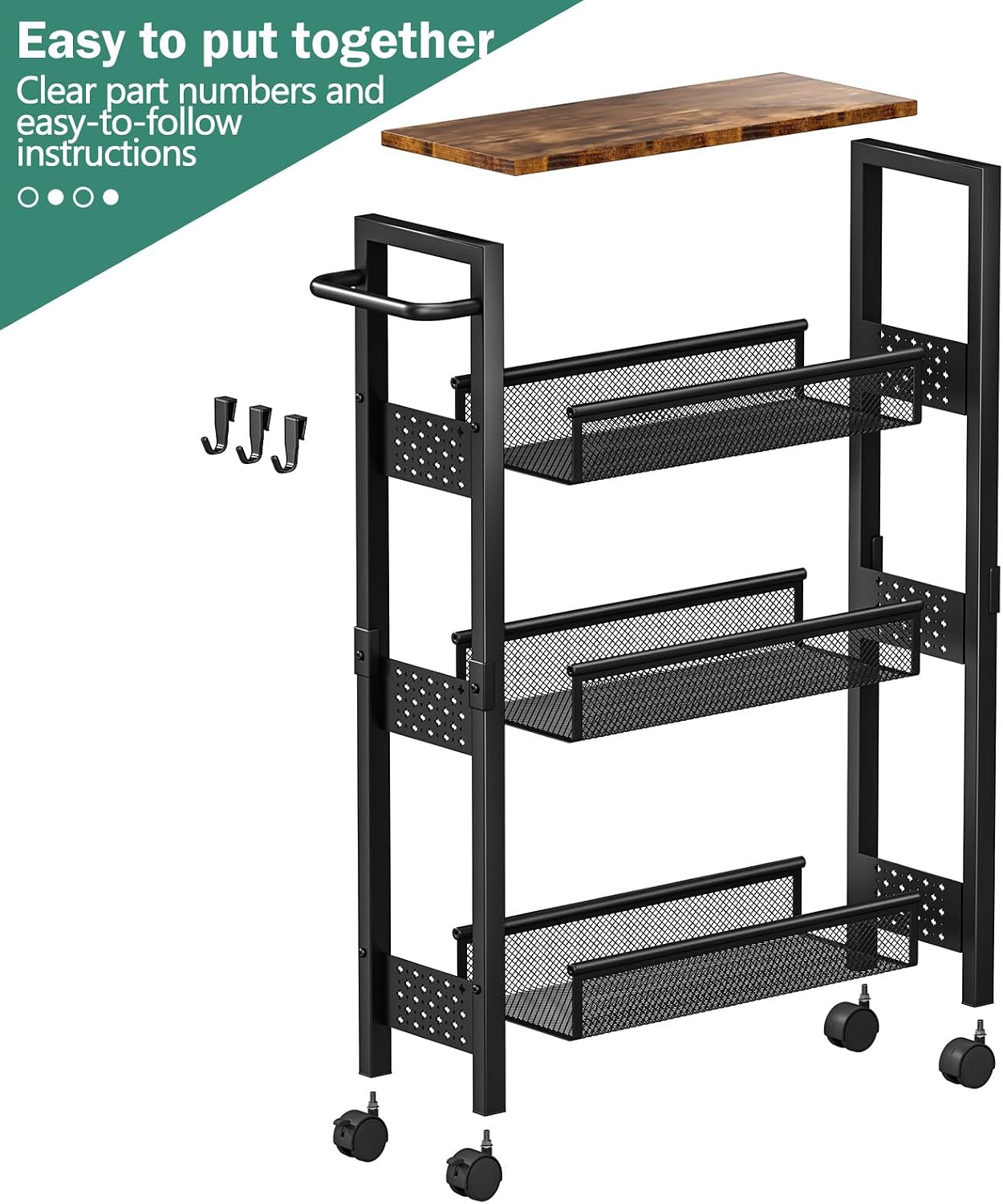✨ Slim Rolling Storage Cart | 4-Tier Narrow Organizer with Wood Top for Kitchen, Bathroom & Laundry Room 🏡