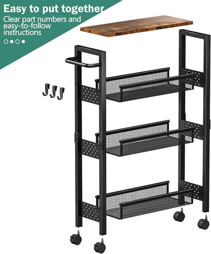✨ Slim Rolling Storage Cart | 4-Tier Narrow Organizer with Wood Top for Kitchen, Bathroom & Laundry Room 🏡
