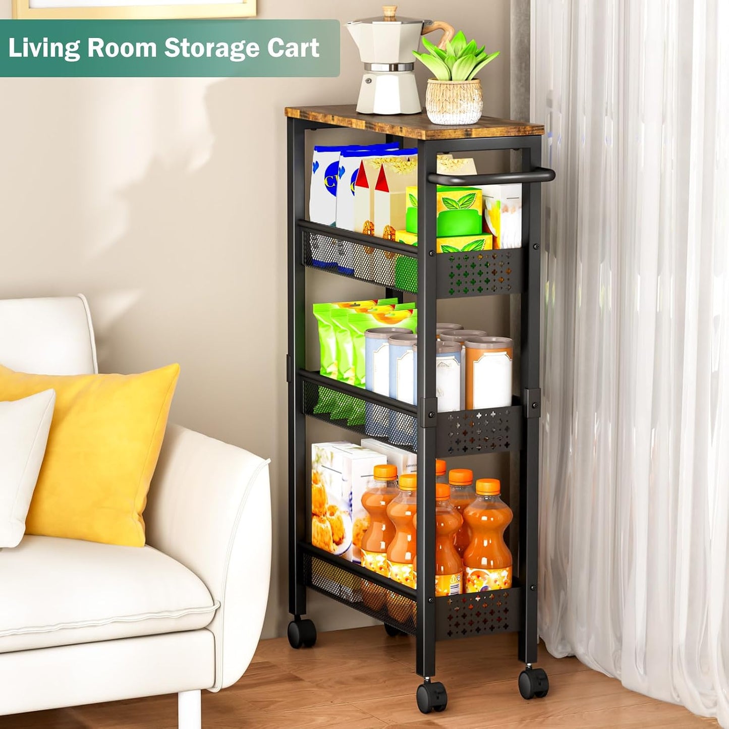 ✨ Slim Rolling Storage Cart | 4-Tier Narrow Organizer with Wood Top for Kitchen, Bathroom & Laundry Room 🏡