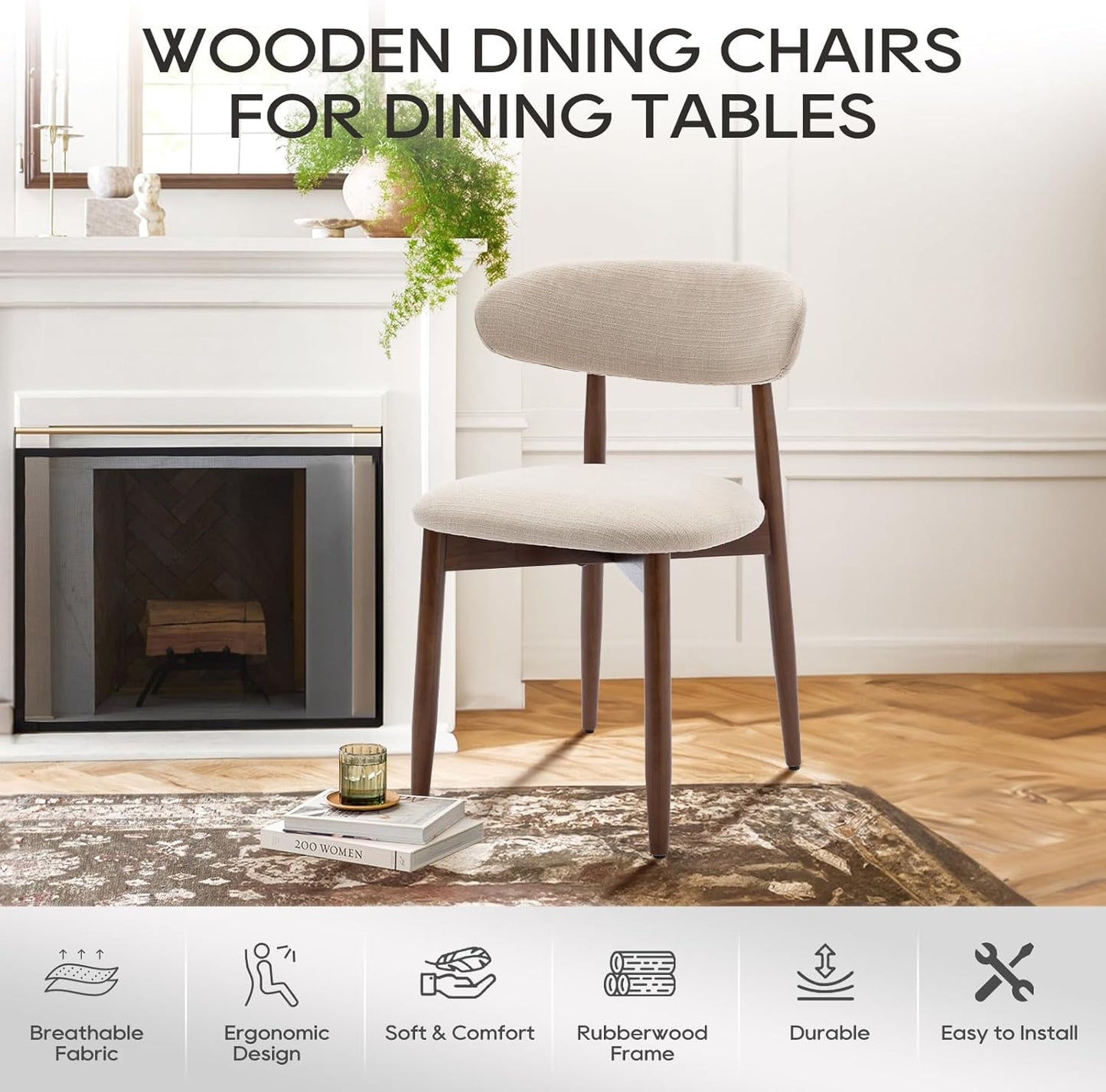 🌿 Modern Farmhouse Dining Chairs | Upholstered Wooden Kitchen Chairs with Soft Fabric Seat & Solid Wood Legs 🪑