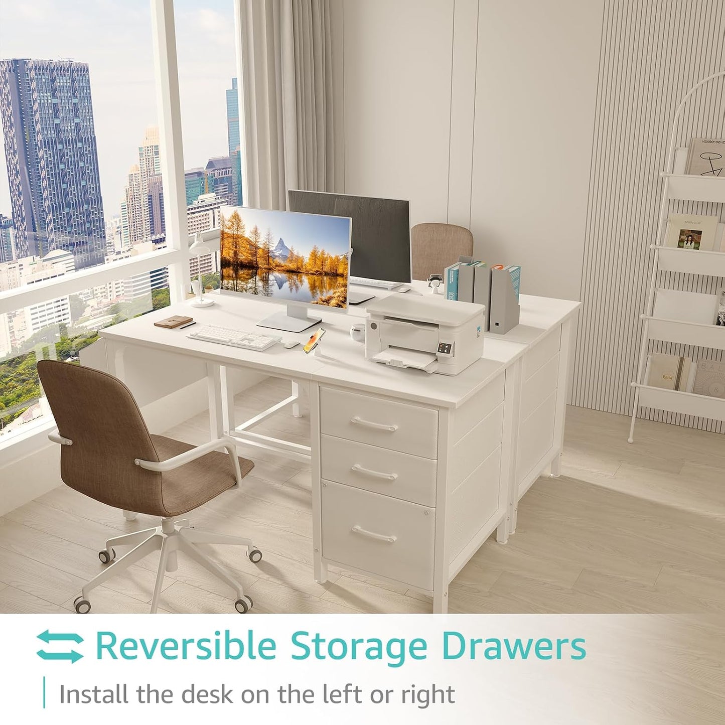 ✨ Modern Home Office Desk | Reversible Computer Desk with File Cabinet & Storage Drawers for Small Spaces 🖥️