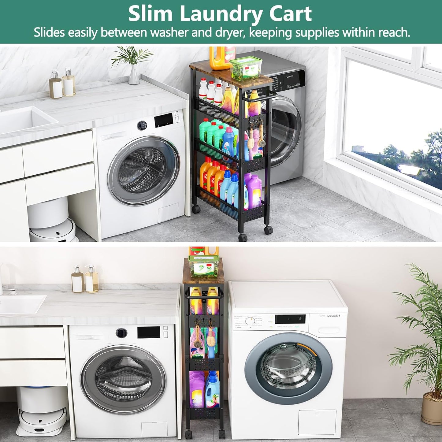 ✨ Slim Rolling Storage Cart | 4-Tier Narrow Organizer with Wood Top for Kitchen, Bathroom & Laundry Room 🏡