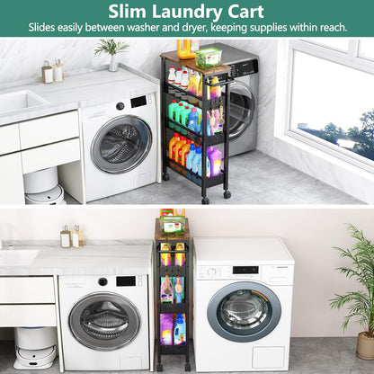✨ Slim Rolling Storage Cart | 4-Tier Narrow Organizer with Wood Top for Kitchen, Bathroom & Laundry Room 🏡