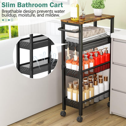 ✨ Slim Rolling Storage Cart | 4-Tier Narrow Organizer with Wood Top for Kitchen, Bathroom & Laundry Room 🏡