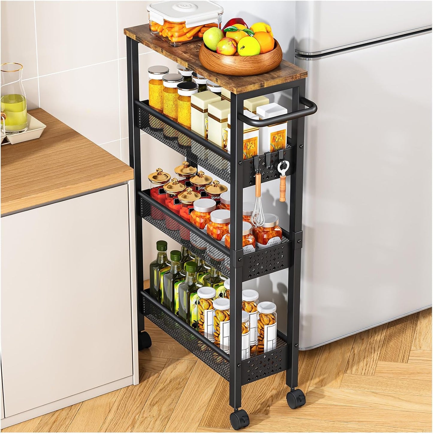 ✨ Slim Rolling Storage Cart | 4-Tier Narrow Organizer with Wood Top for Kitchen, Bathroom & Laundry Room 🏡