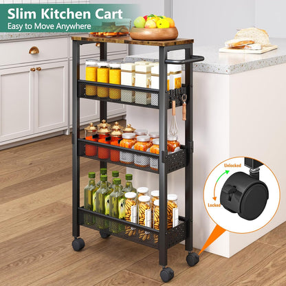✨ Slim Rolling Storage Cart | 4-Tier Narrow Organizer with Wood Top for Kitchen, Bathroom & Laundry Room 🏡
