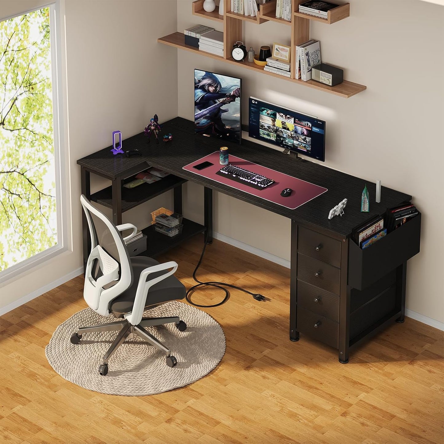 ✨ L-Shaped Computer Desk | Modern Corner Workstation with Storage Drawers & Shelves for Home Office 🎮