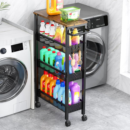✨ Slim Rolling Storage Cart | 4-Tier Narrow Organizer with Wood Top for Kitchen, Bathroom & Laundry Room 🏡