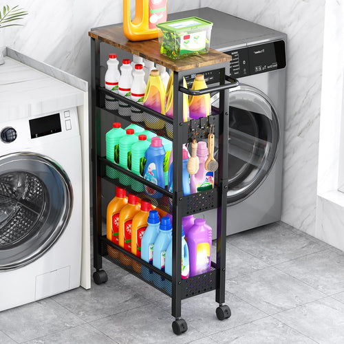 ✨ Slim Rolling Storage Cart | 4-Tier Narrow Organizer with Wood Top for Kitchen, Bathroom & Laundry Room 🏡