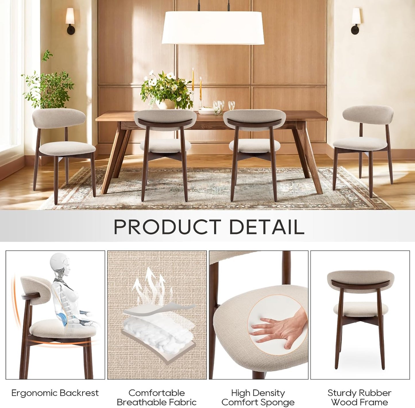 🌿 Modern Farmhouse Dining Chairs | Upholstered Wooden Kitchen Chairs with Soft Fabric Seat & Solid Wood Legs 🪑