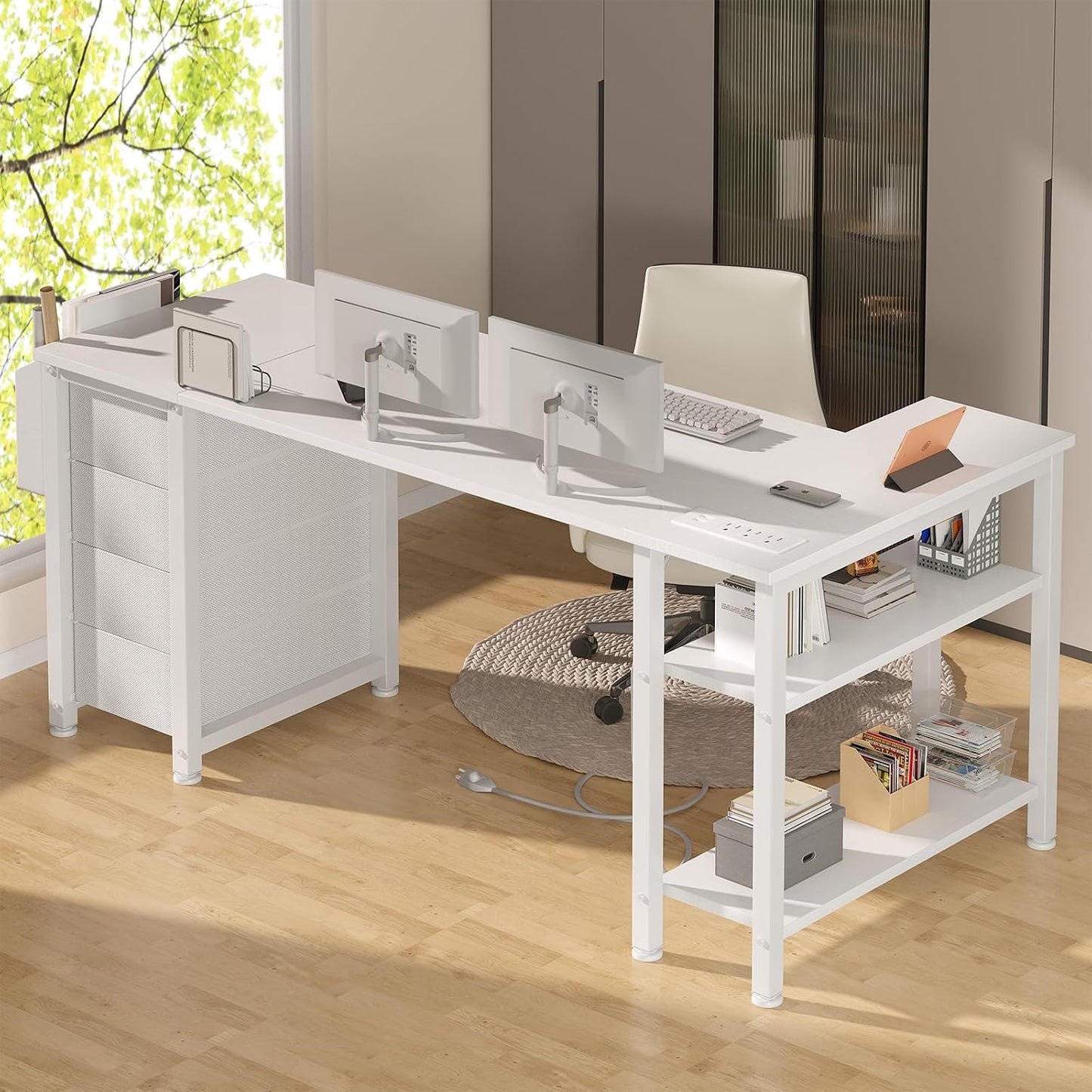 ✨ L-Shaped Computer Desk | Modern Corner Workstation with Drawers & Storage Shelves for Home Office 🎮
