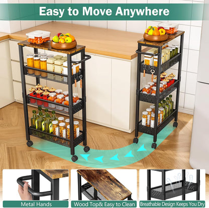 ✨ Slim Rolling Storage Cart | 4-Tier Narrow Organizer with Wood Top for Kitchen, Bathroom & Laundry Room 🏡
