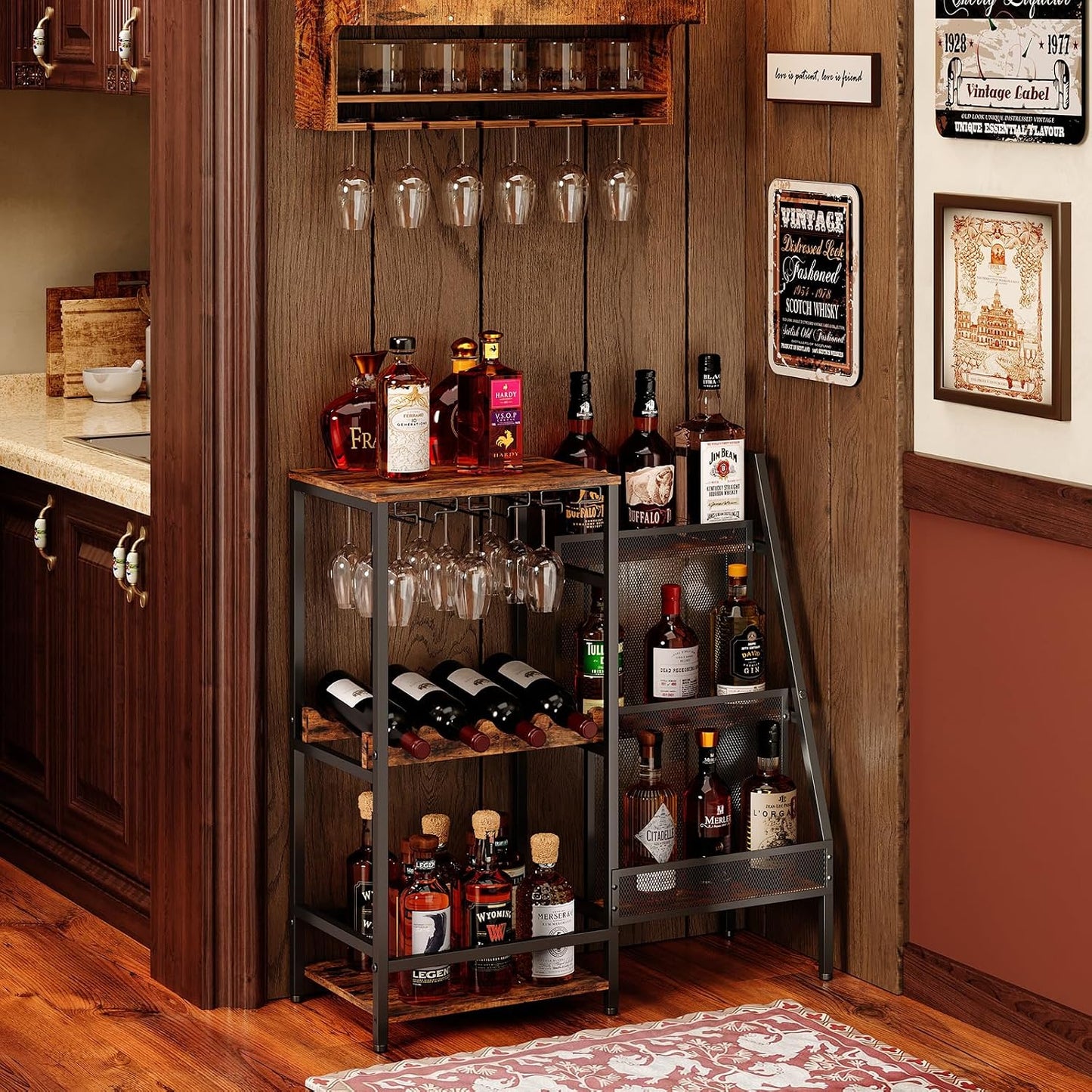 🍷 Vintage Home Bar Cabinet | Whiskey & Wine Display Rack with Glass Holder and Mini Bar Table ✨