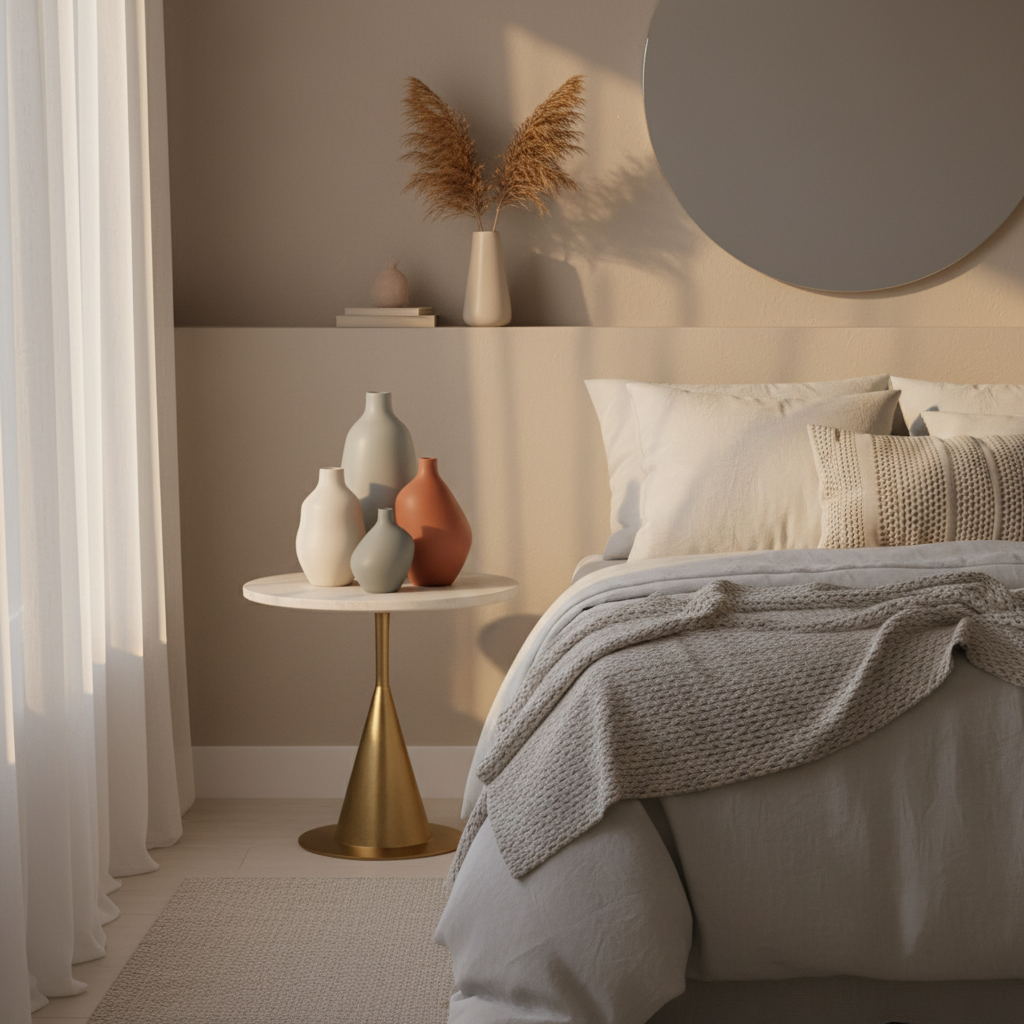 Ceramic vase set on a bedside table in a cozy bedroom