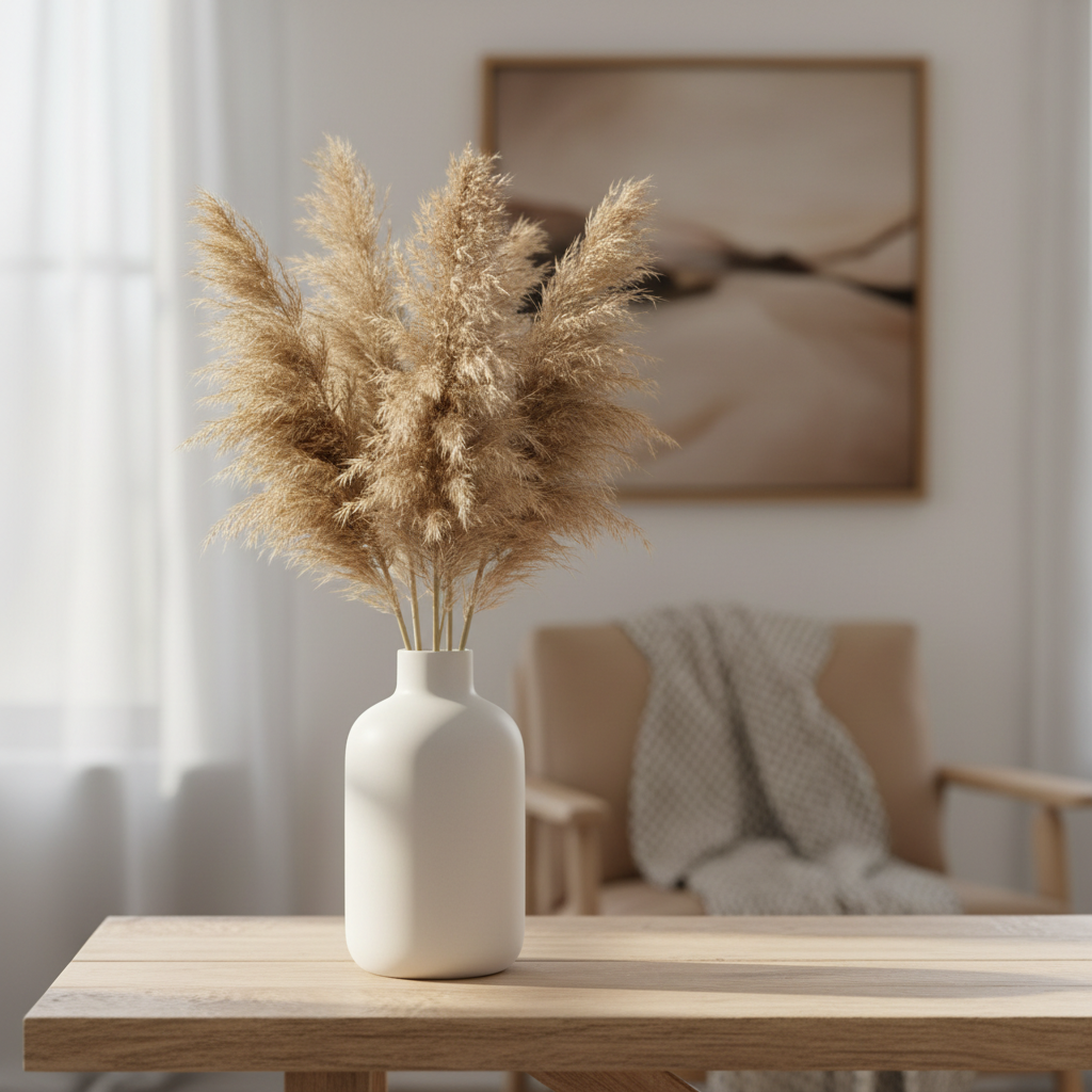 White ceramic vase with dried pampas grass in warm lighting