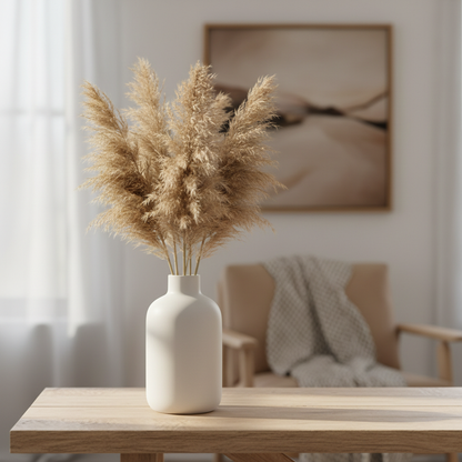 White ceramic vase with dried pampas grass in warm lighting