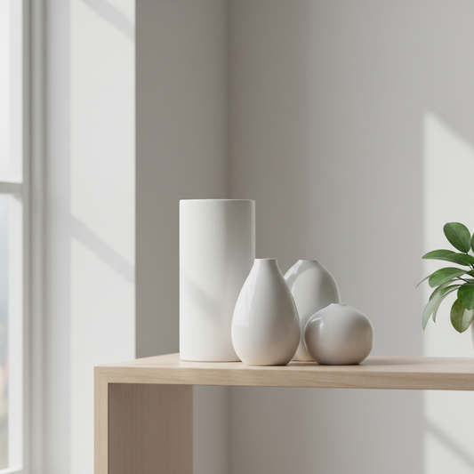 Minimalist white ceramic vase set displayed on a wooden shelf