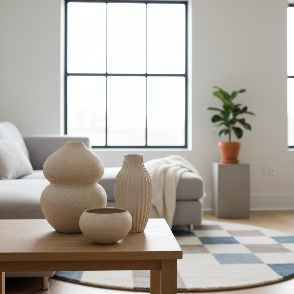 Ceramic vase set in a bright Scandinavian living room