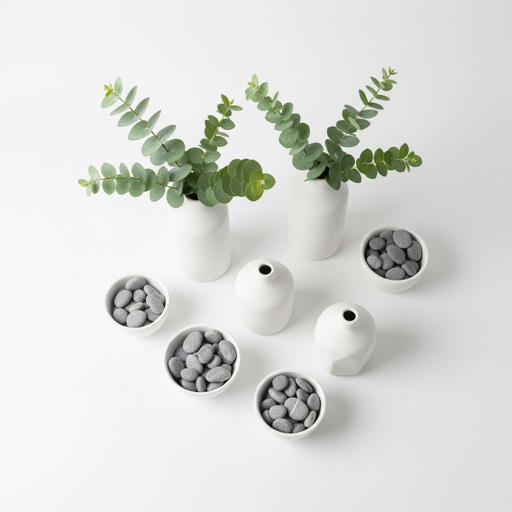 Top-down flat lay of white ceramic vases with eucalyptus and pebbles