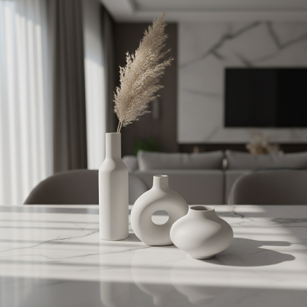 Set of three ceramic vases in different heights on marble surface