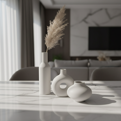 Set of three ceramic vases in different heights on marble surface